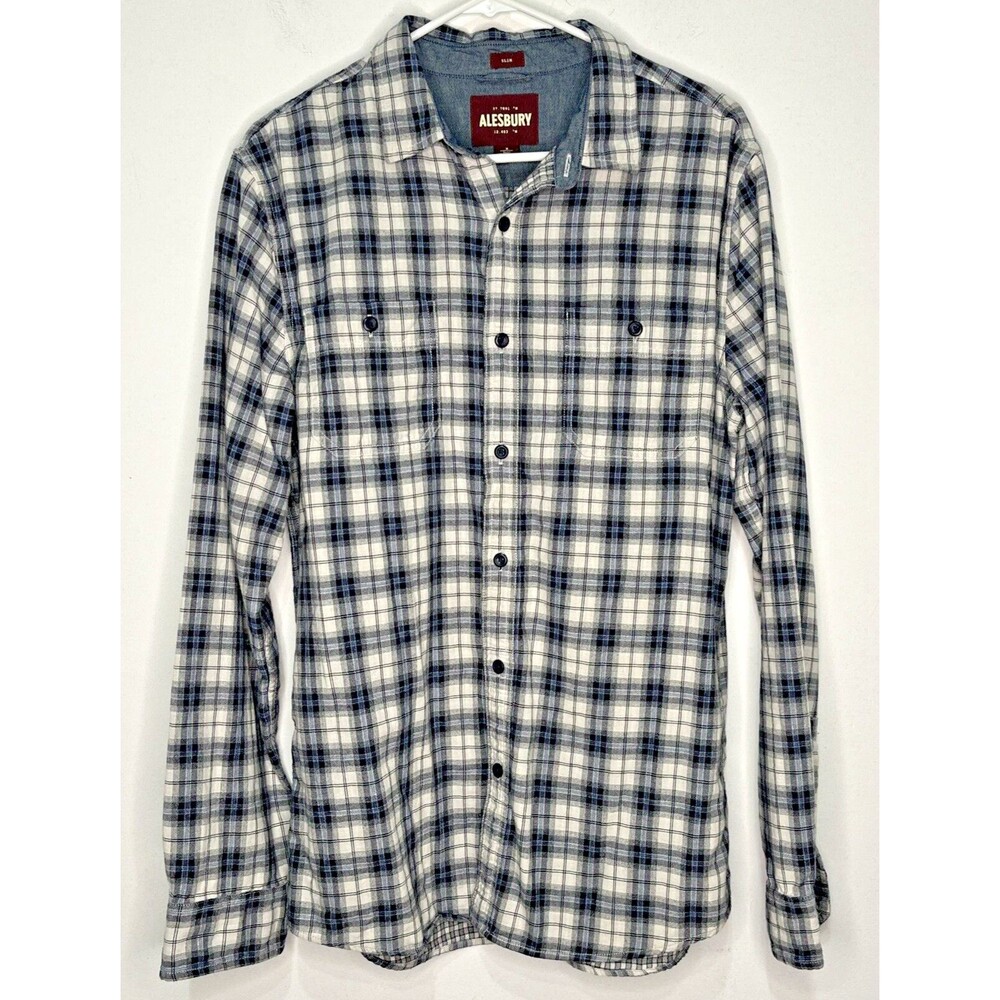 Alesbury Slim Men's Shirt Button Front Blue White Size Medium Tall